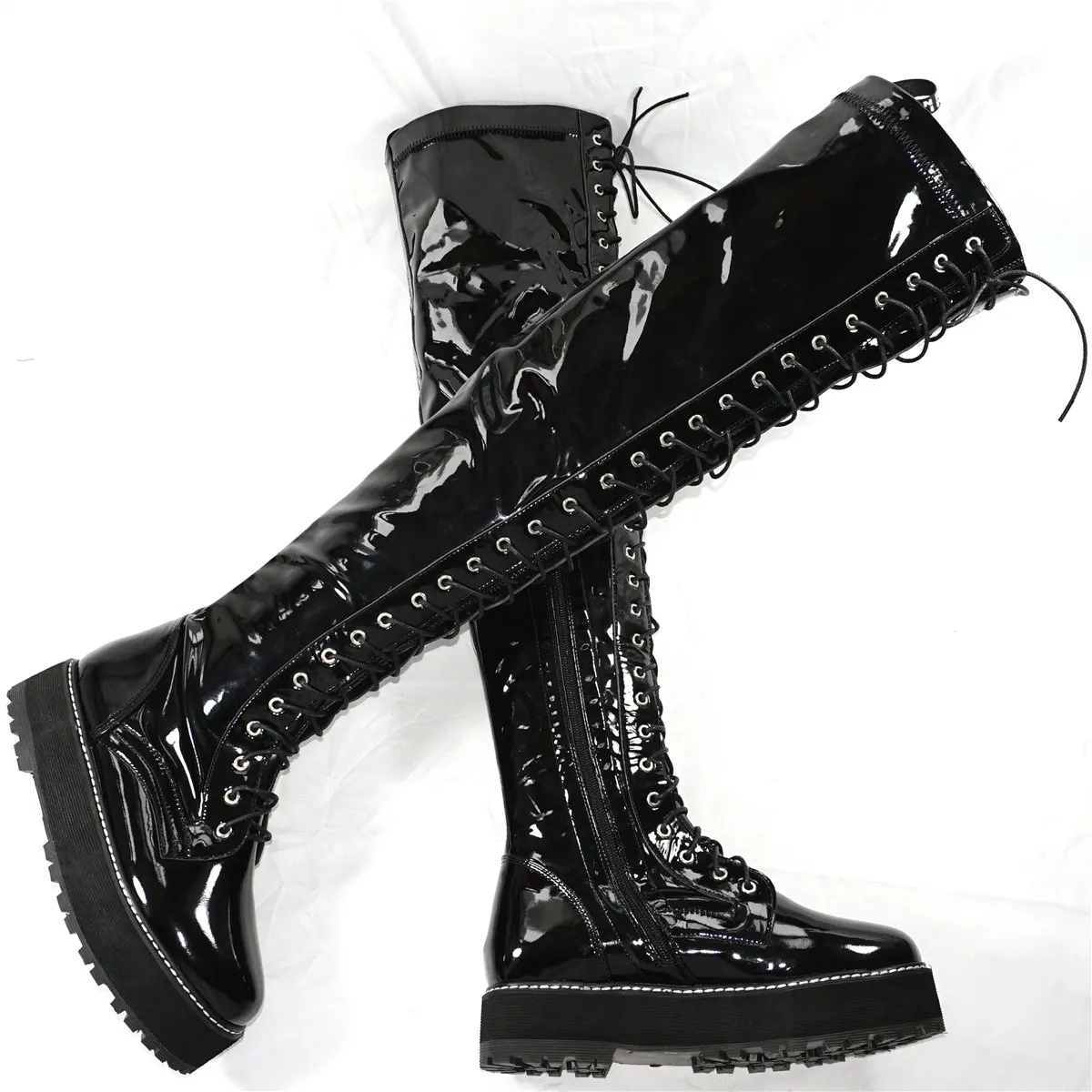 Winter Thigh High Creepers Women Lace Up Med Heel Over The Knee High Snow Boots Female Chunky Platform Pumps Shoes Casual Shoes