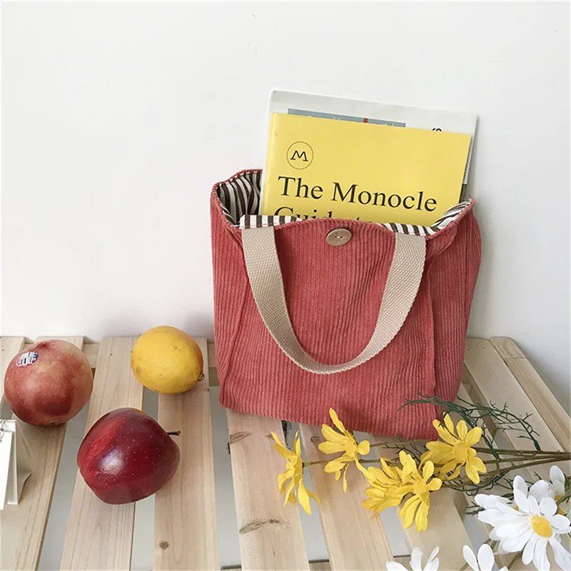 

Lunch Bag Corduroy Canvas Lunch Box Picnic Tote Cotton Cloth Small Handbag Pouch Dinner Container Food Storage Bags For Ladies