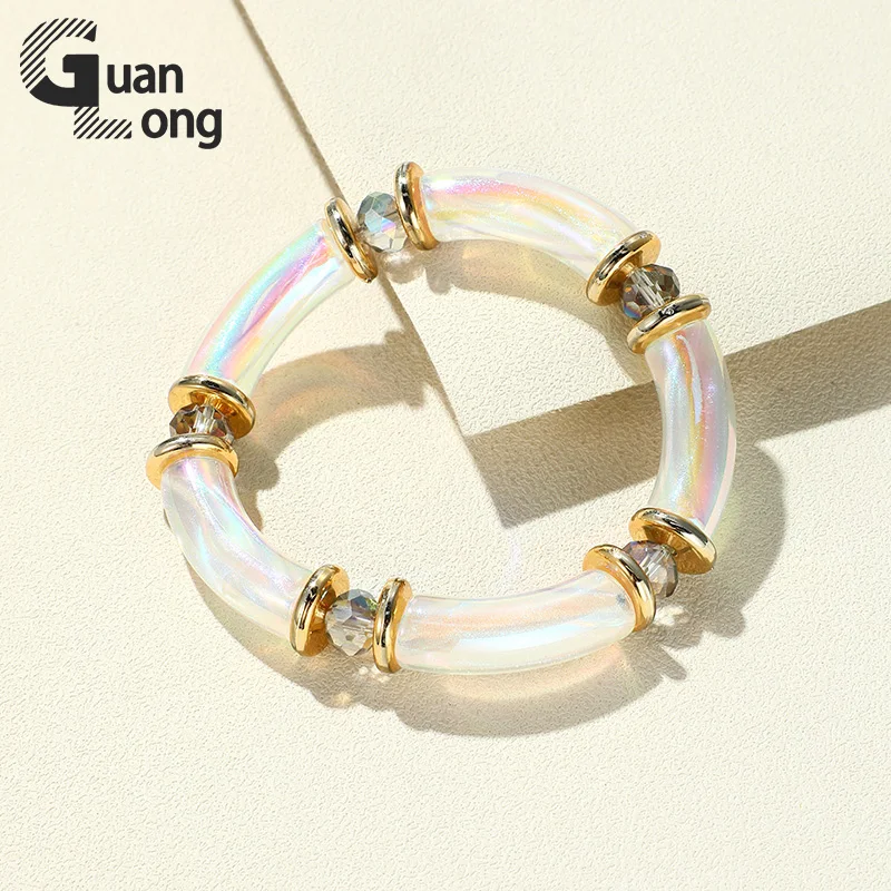 

GuanLong Trendy Colorful Resin Bamboo Bracelets For Women Laser Color Stretch Beads Cuff Charm Bracelets & Bangles Jewelry Gifts