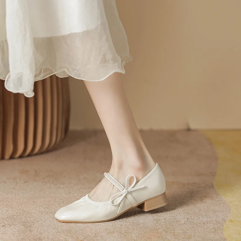 

Elegant Ladies Pearl Mary Janes Shoes Square Toe Low Heel Bowknot Leather Pumps Women Dress Shoes Comfy Female Escarpins 2022