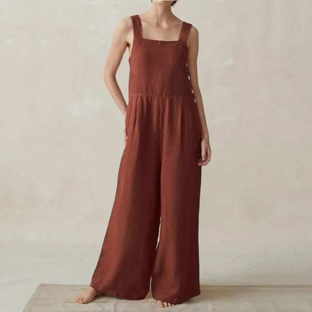 

Women Sleeveless Buttons Pockets Wide Leg Jumpsuit Bib Overall Work Clothes
