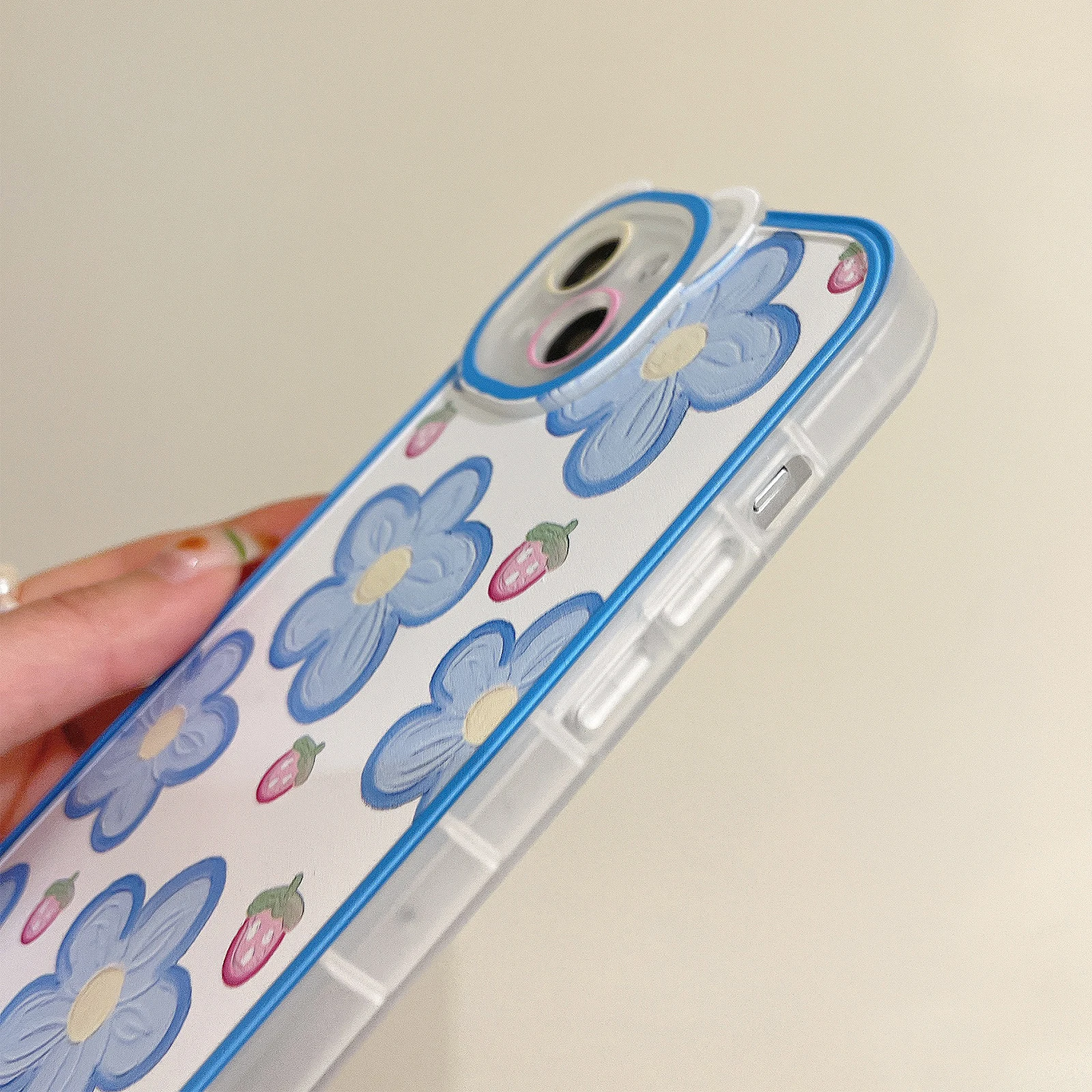 Милый корейский чехол для телефона с голубыми цветами и клубникой iPhone 13 11 12 Pro Max X