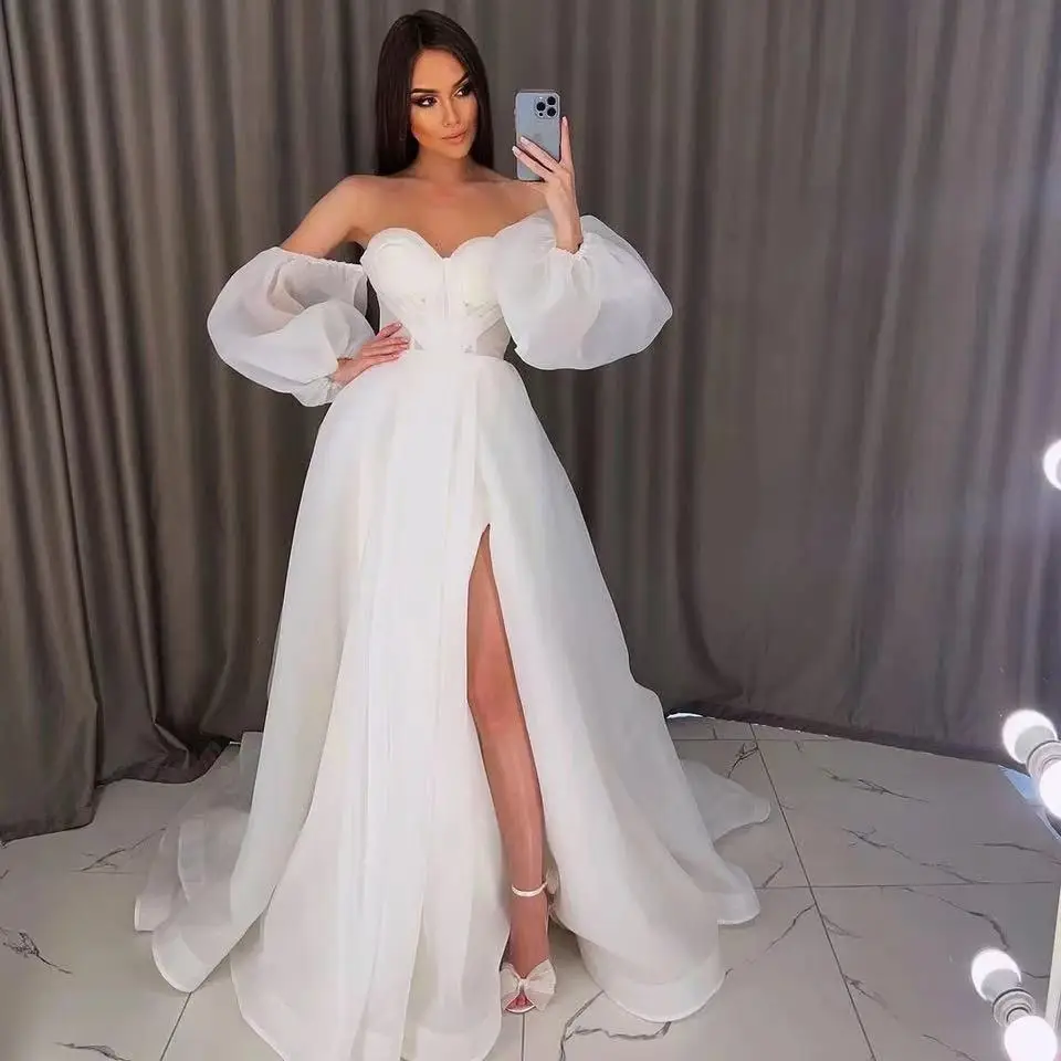 

2022 New Strapless Puffy Sleeves Wedding Dress Open Back Organza High Slit Princess Bridal Gown Robe De Mariée Vestido De Noiva