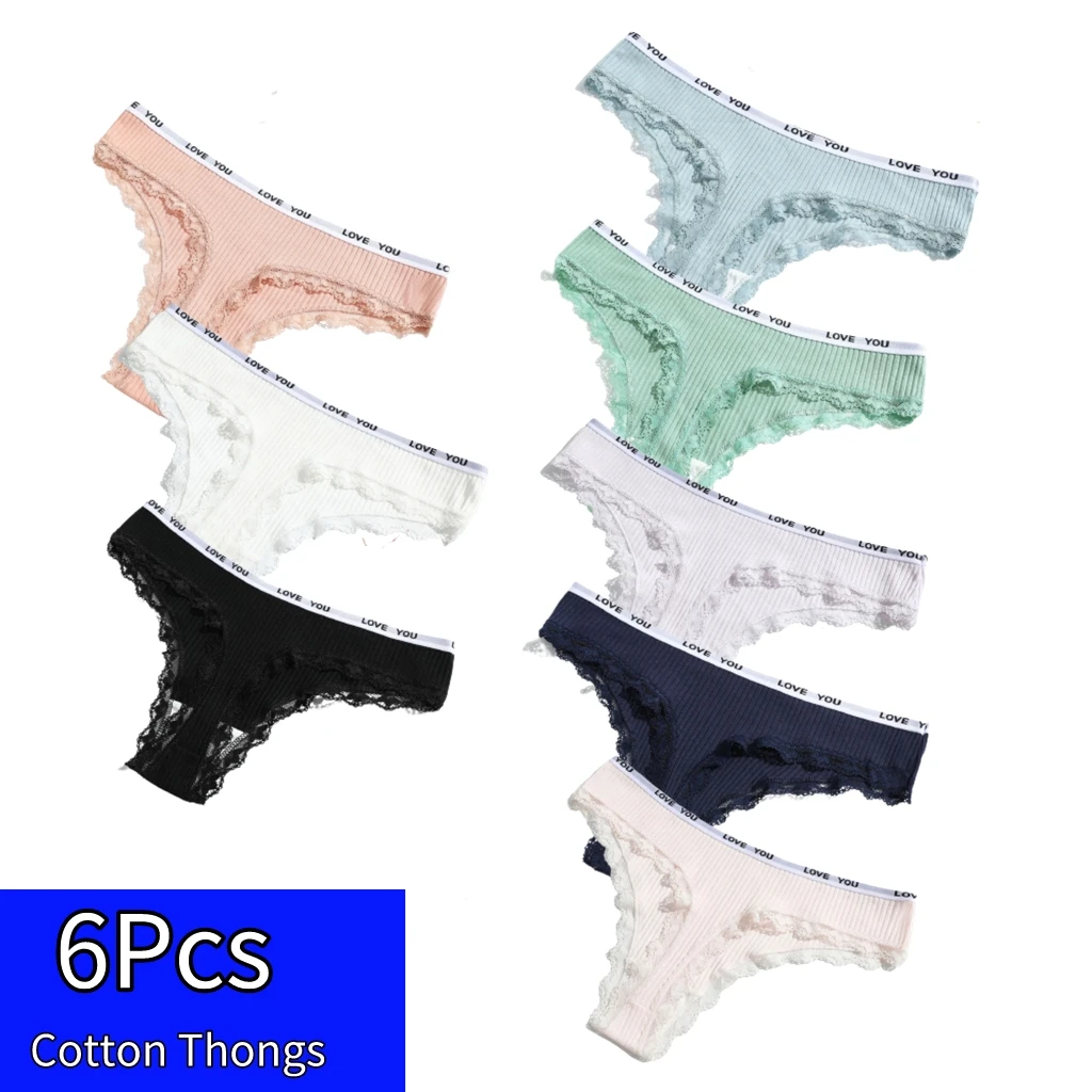 

6pcs Women Sexy Underwear Female Cotton Lace Letter Thongs Low Waist Ladies Oversize G-string Panties Seamless трусы женские Hot
