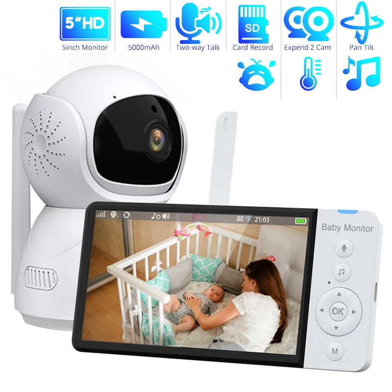 5.0 inch Wireless Video Baby Monitor 5000mAh Battery IPS Screen With Nanny PTZ Camera 2-way Audio VOX Lullaby SD TF Card Record
