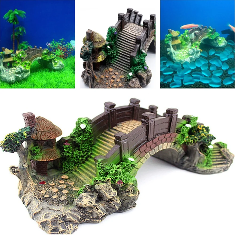 

Aquarium Fish Tank Vintage Decorative Bridge Landscape Ornaments Pavilion Tree Plants Resin Design Pet Supplies Home Decorations