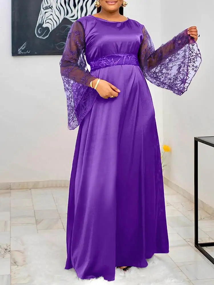 

Women Lace Dress Holiday Sundress VONDA 2022 A-Line Vestido O Neck High Waist Maxi Robe Female Elegant Party Long Dress Oversize