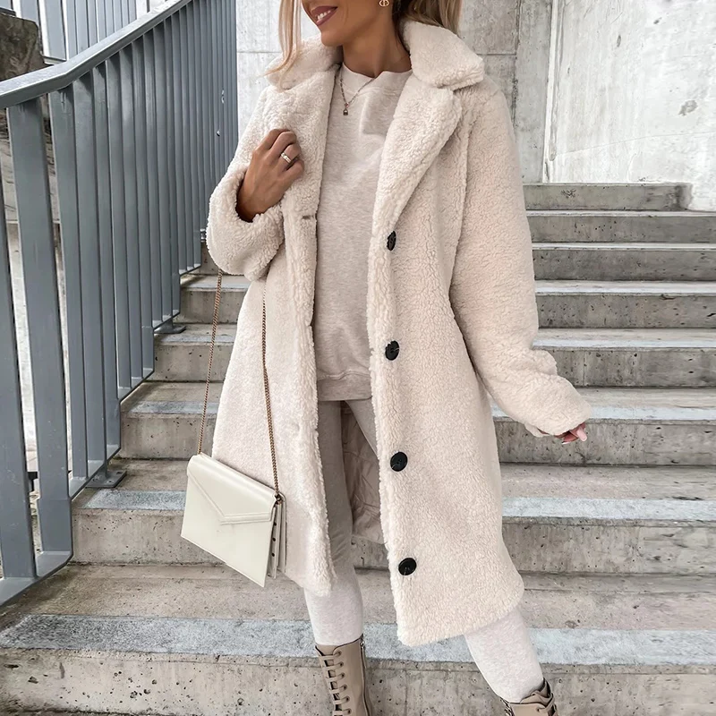 

Women Elegant Soft Fleece Woolen Jackets Fahsion Lapel Collar Button Solid Long Coats Casual Long Sleeve Pockets Loose Outerwear