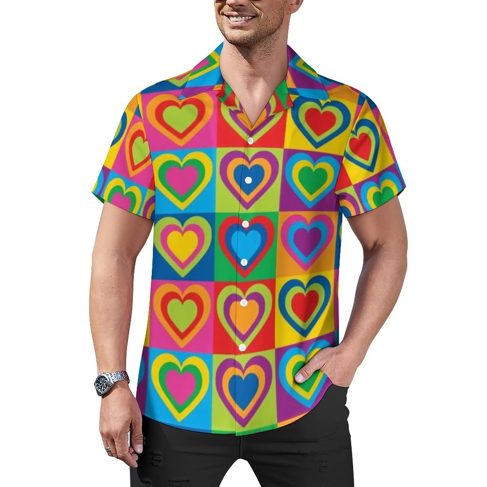 

Красочные блузки в шахматную клетку, повседневные рубашки в стиле поп-арт с сердечками, гавайская пляжная рубашка с коротким рукавом, подар...