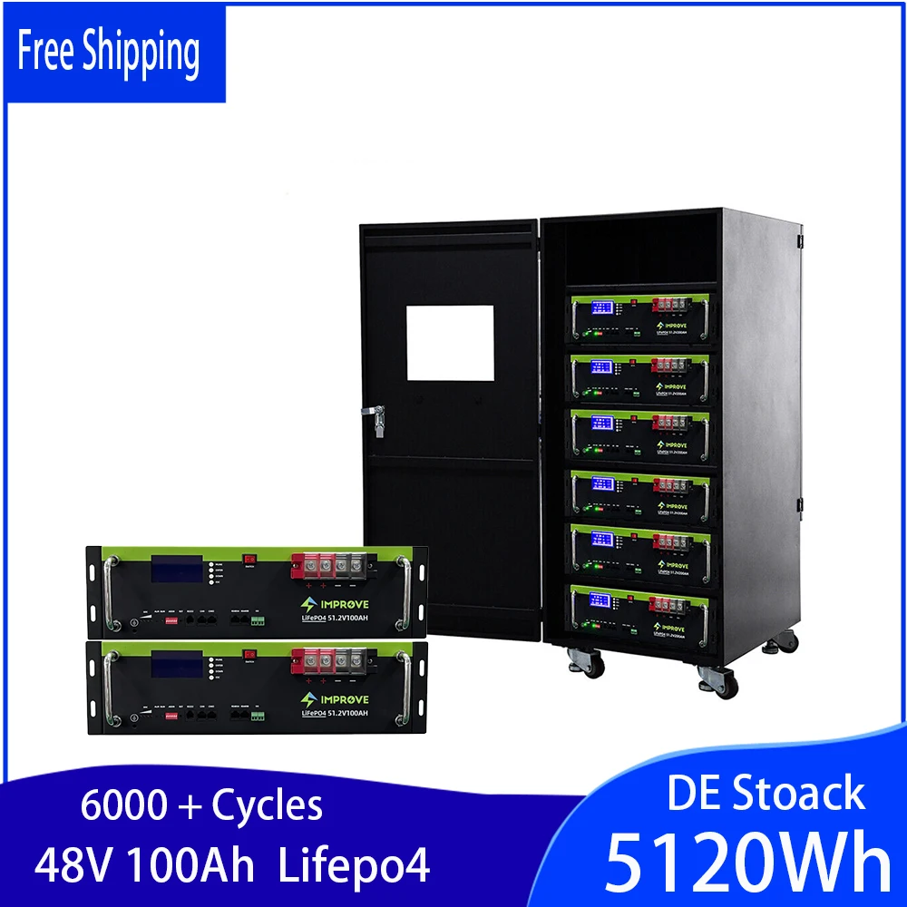 

48V 100Ah Lifepo4 Lithium Battery Pack 51.2V 100A Built-in BMS 6000+Cycles 15 Parallel 5,12 Kw Lithium-Ion Battery CAN RS485