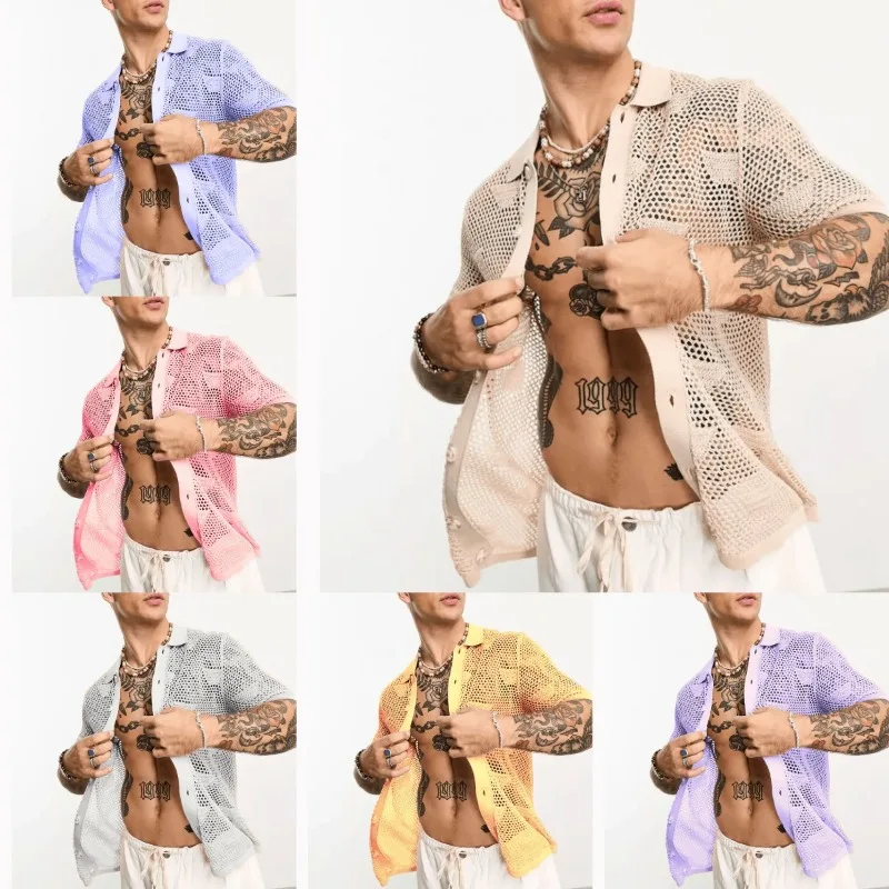 

Men's Shirt Top Autumn Loose and See-through Hollow Out Cardigan Shirt Men Short Sleeve Single-Breasted Turn-down Collar Shirt