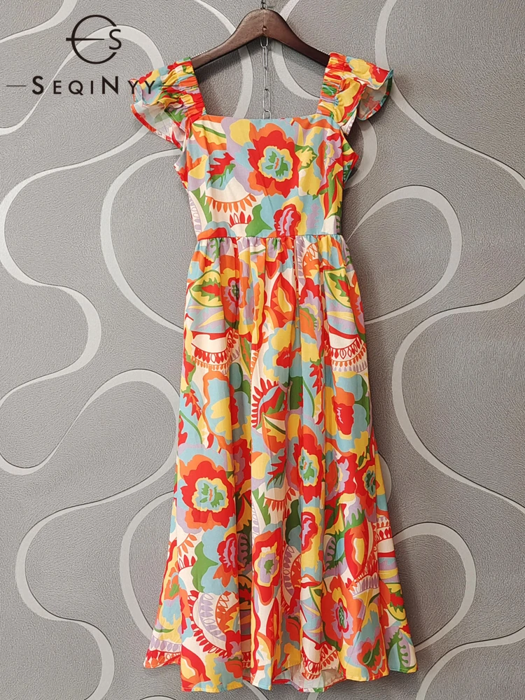 

SEQINYY Bohemian Midi Dress Summer Spring New Fashion Design Women Runway High Street Vintage Flowers Print Strapless Casual