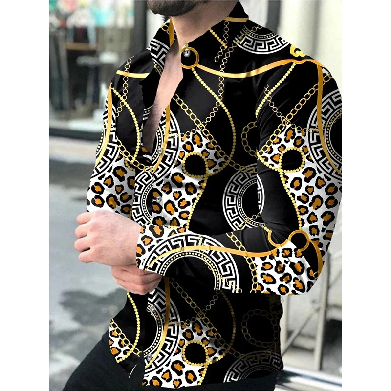 

Shirt Men Print Shirts Gold Luxury Sleeve Men's Social Oversized Cardigan Designer Long Tops Casual Clothing For Vintage Blouses