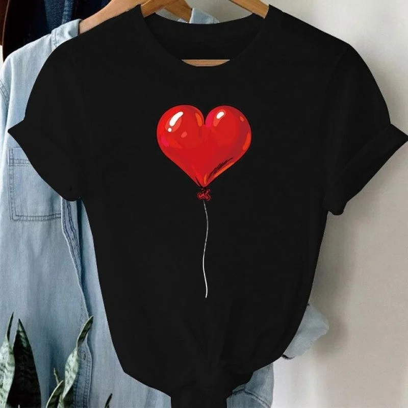 

Balloon Red Heart Print Women T Shirt Harajuku Loose Short Sleeve Tshirt Fashion Woman Blouses 2022 Streetwear Y2k Clothes Tops