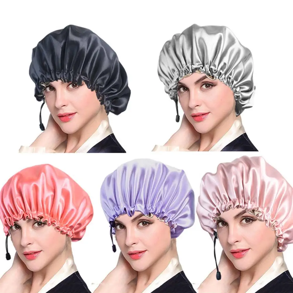 

Solid Color Hair Care Head Cover Double Layer Adjustable Night Hair Cap Reversible Satin Bonnet Shower Cap Sleep Bonnet