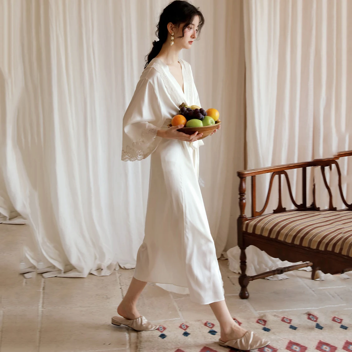 2Pcs Womens Nightdress Satin Lace Nightgowns Sexy Wedding Robe Strap Nightwear Spring Autumn Home Dressing Gown for Women Pajama