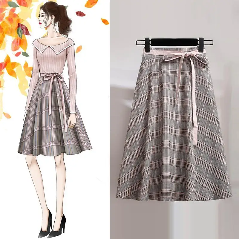 

Midi Skirt Women for Spring Autumn 2022 Fashion Casual Ladies Korean Pink Plaid Print High Waist Skirts Femme Female Y414