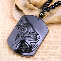 natural black obsidian carving wolf head necklace for men women amulet necklaces obsidian blessing lucky pendant fashion jewelry