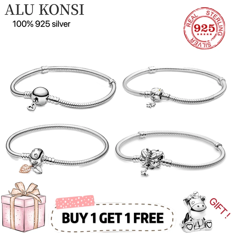 

New Fit Original luxury 925 Sterling Silver pan bracelet love heart Snake Chain Charms Bangle For Women DIY high quality Jewelry