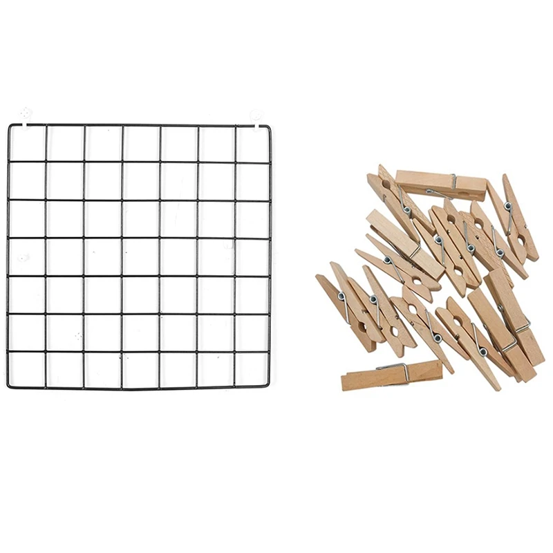 

Multi-Function Metal Grid Photo Frame Wall Display Mesh Shelf Organizer Rack Holder + 20Pcs Wooden