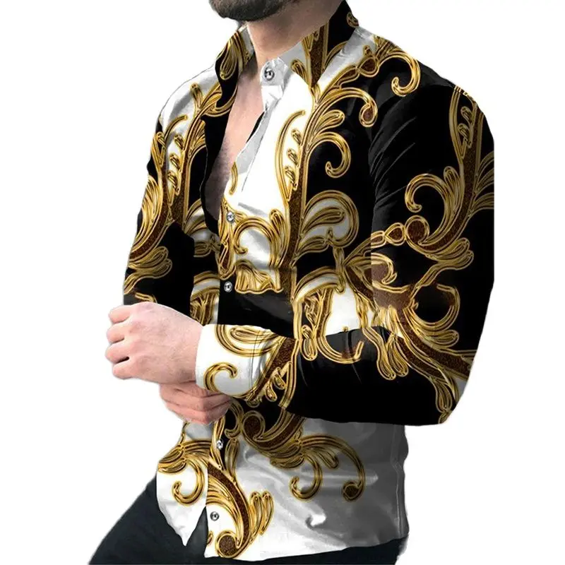 2022 Luxury Social Men Shirts Turn-down Collar Buttoned Shirt Casual Baroque Print Long Sleeve Tops Mens Clothes Prom Cardigan