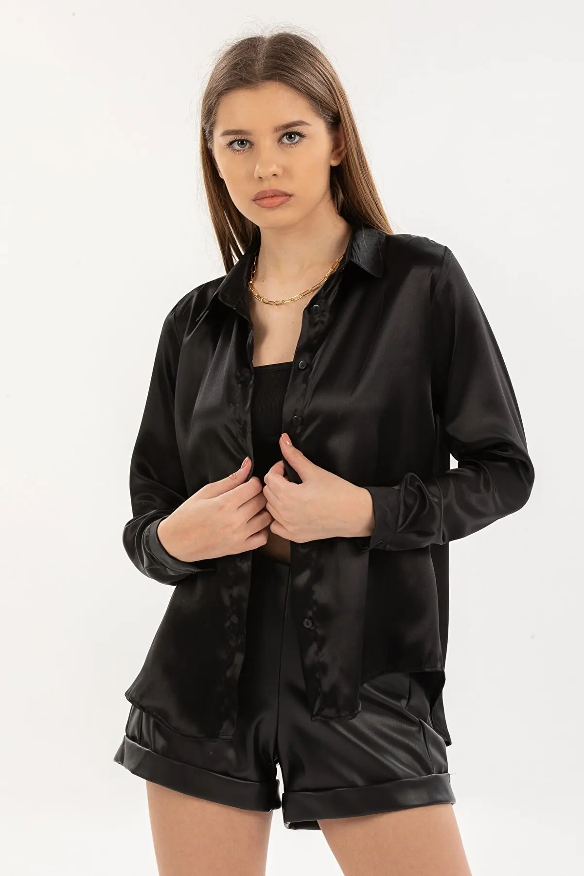 

Female Black Flat Satin Shirt Summer women's Shirts Fashion women's Blouses Pretty and Cheap women's Blouses 149117623