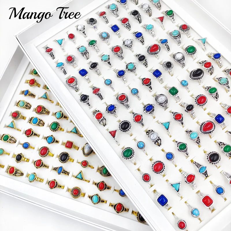 

20/30/50Pcs/Lot Bohemian Stone Rings for Women and Men Vintage Mix Antique Silver Gold Ethnic Tribe Finger Ring Party Jewelry