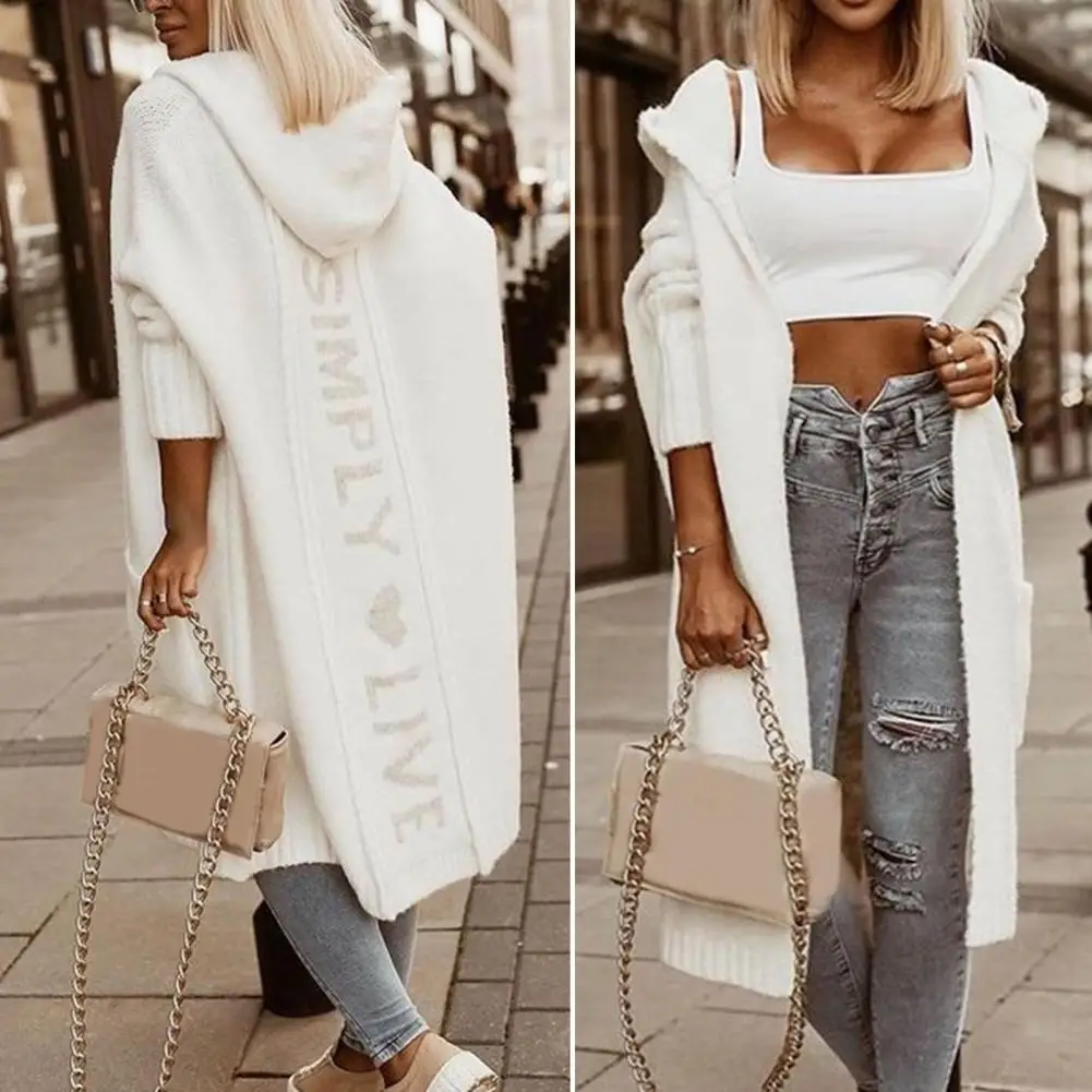 

Женский свитер с капюшоном, пальто с длинными рукавами и большими карманами, манжеты в рубчик, осенне-зимний вязаный кардиган до середины ик...