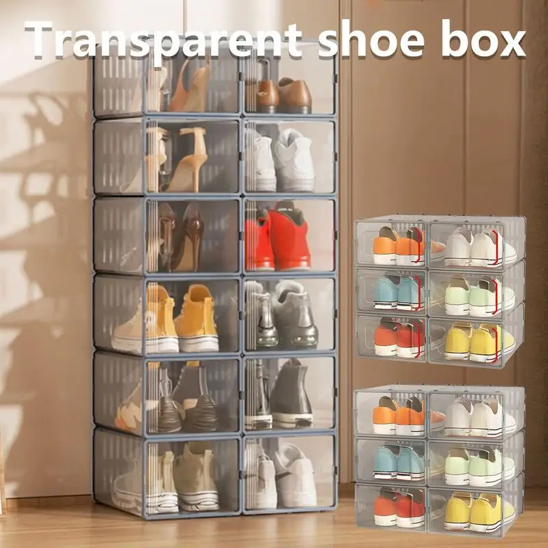 

6PCS Transparent Collapsible Waterproof Shoe Boxes Portable Shoe Container For Cabinets Tables Stackable Shoe Boxes For Drawers