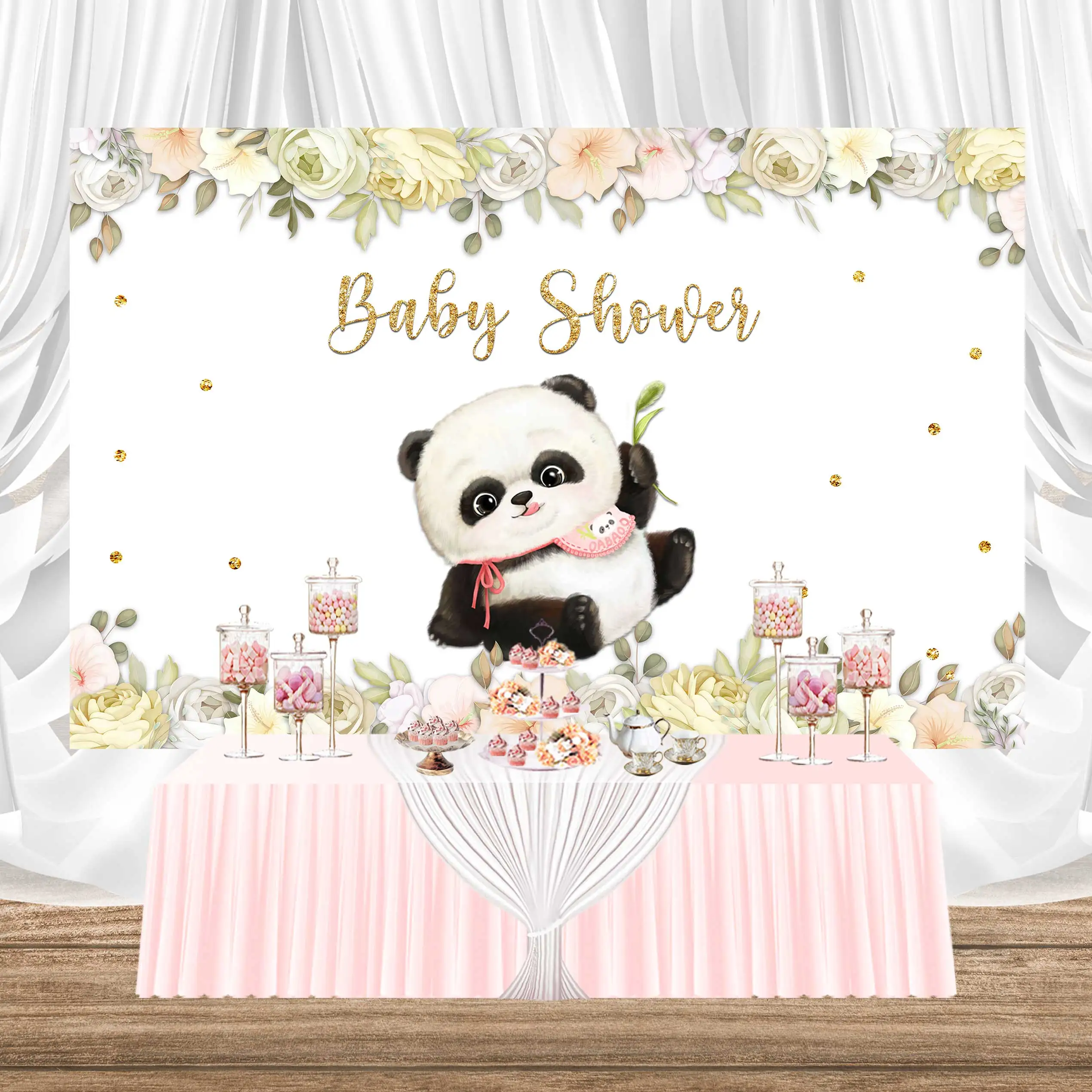 NeoBack Panda Children Backdrop Baby Shower Background Animal Bamboo Cute Flowers Party Photo Backdrop Birthday Photography