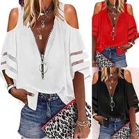women summer chiffon t shirt off shoulder tree quater sleeves solid color shirt top with zipper plus size