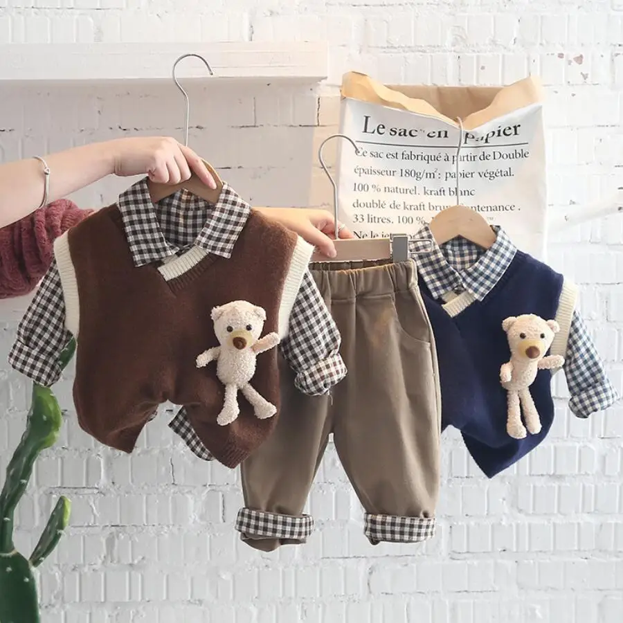 

Spring 2022 Baby Boys Clothing Sets Children Knitted Vest Plaid Shirt Pants Toddler Infant Clothes Outfit Kids Cotton Sportswear