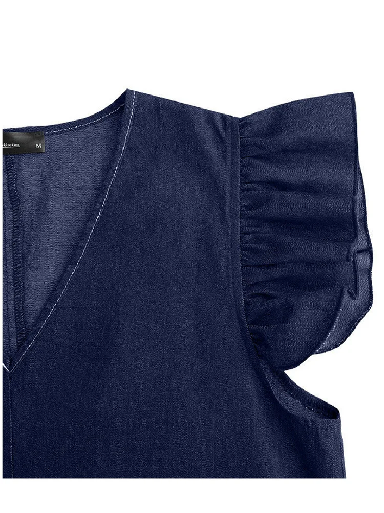 Женское джинсовое платье без рукавов голубое винтажное макси с оборками и