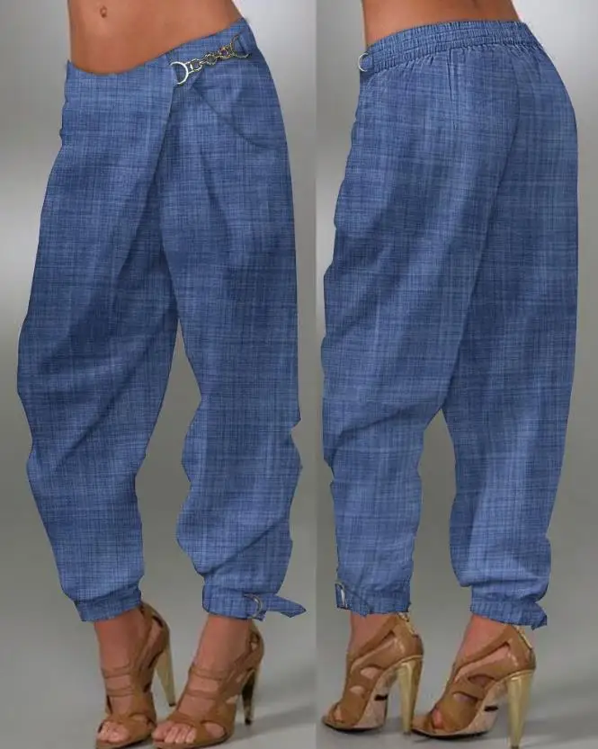 

Chain Decor Pocket Design Capris for Woman 2023 Summer New Casual Cuffed Pants Fashion Versatile Female Commuting Long Pants