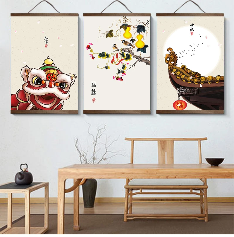 Chinese style green plants canvas decorative painting Store bedroom living room wall art solid wood scroll customizable |