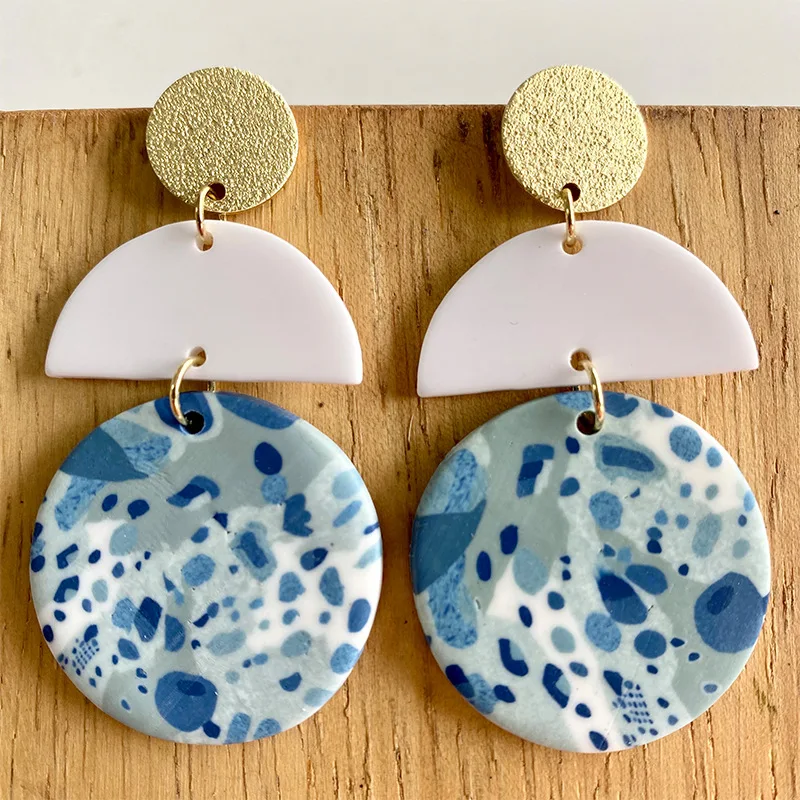 

European and American Handmade Soft Pottery Earrings Art Round Semicircle Stitching Spring New Earrings Modern Style Jewelry