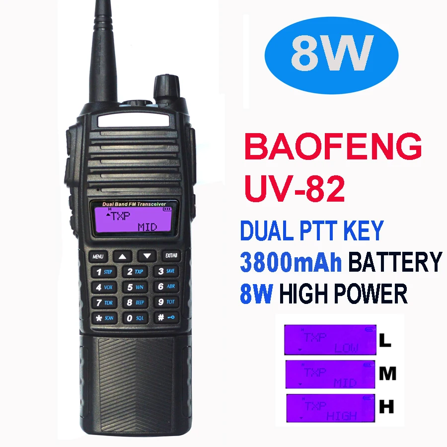 Original BaoFeng UV-82 8W 3800mah Battery UV 82 Walkie Talkie UP 10 KM Ham Radio Dual PTT 82 HP Walkie-talkies Transceiver