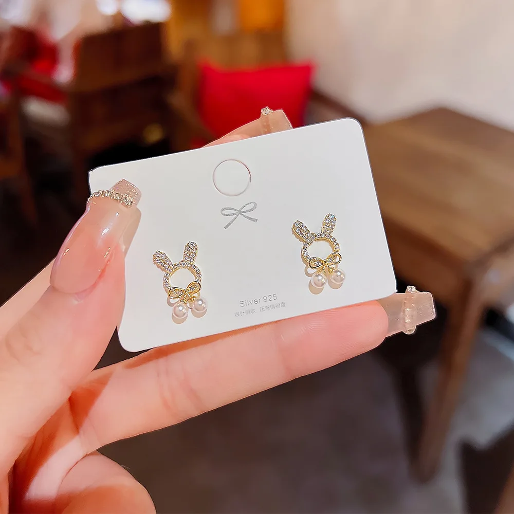 

WANGAIYAO925 silver needle bow bunny earrings 2022 new trendy niche design high-end light luxury pearl earrings birthday small g