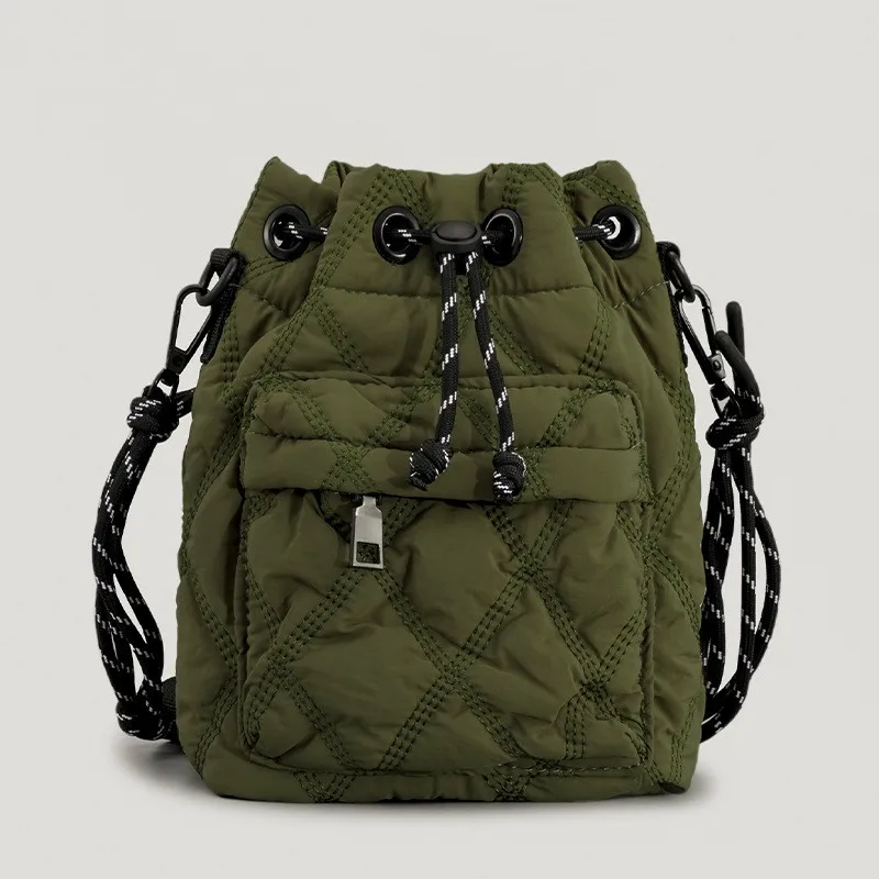 New Air Cushion Cotton Bucket Women's Bag Little Popular Nylon Rhombic Drawstring Shoulder Bag Versatile Pleated Handbag Women