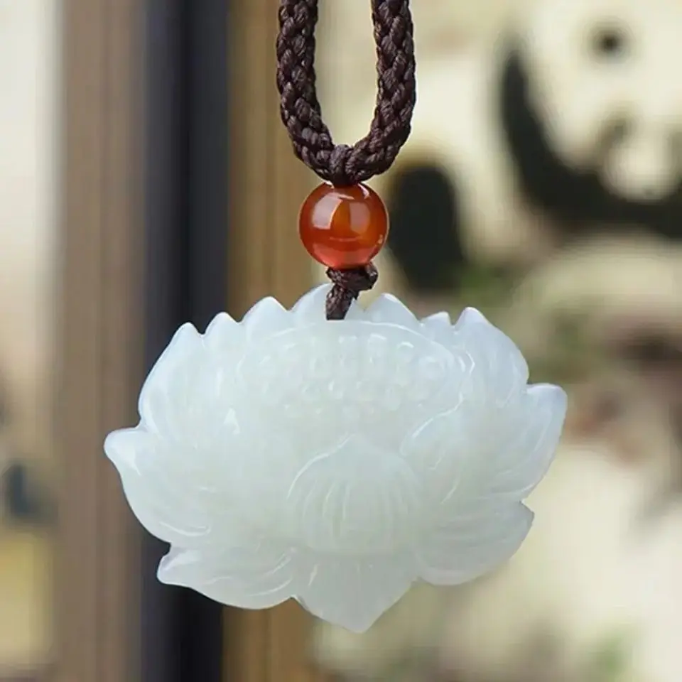 

Natural White Jade Lotus Flower Pendant Necklace Women Fashion Charms Healing Jewelry Jades Lucky Amulet Girlfriend Mom Gifts