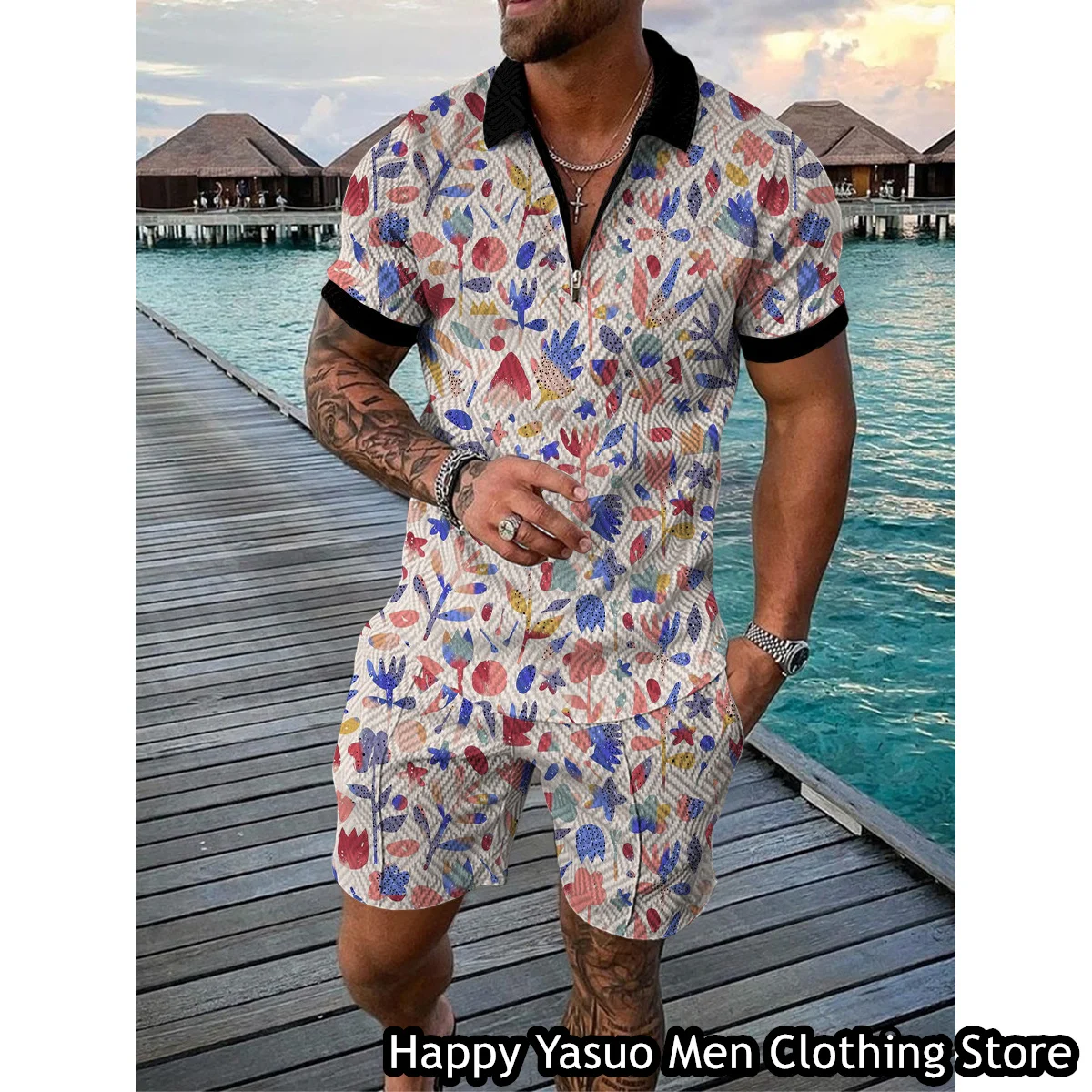 Summer Men Polo Shirt Set 2 Pieces Hawaiian Vacation Style Outfit Male Casual Suit Vintage Clothing Floral Printing Tracksuit