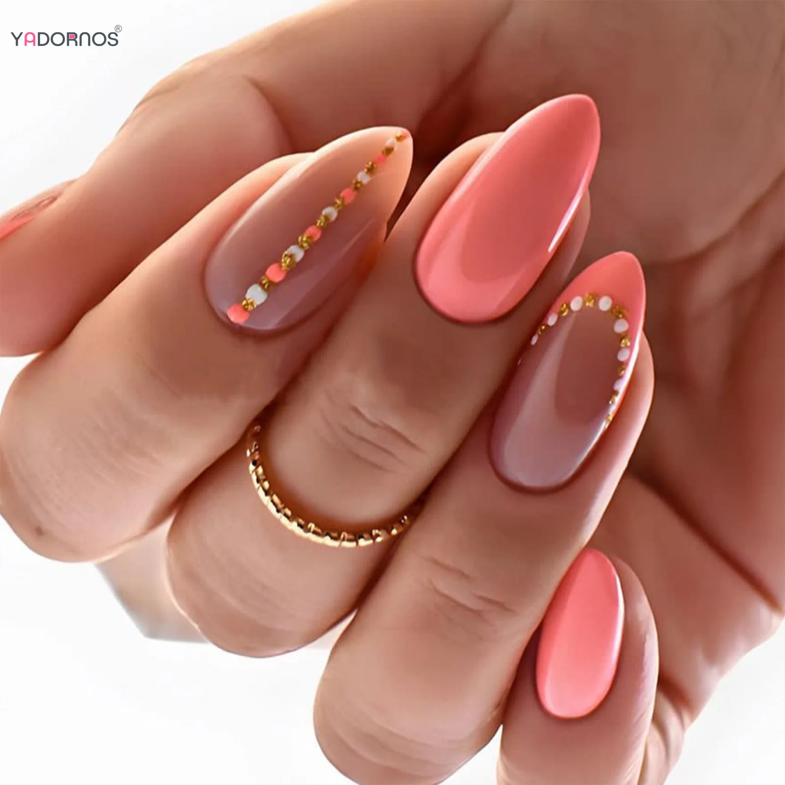 

24Pcs Pink Almond Fake Nails with Designs Nude Color False Nails Full Cover Acrylic Press on Nails for Women Girls DIY Manicure