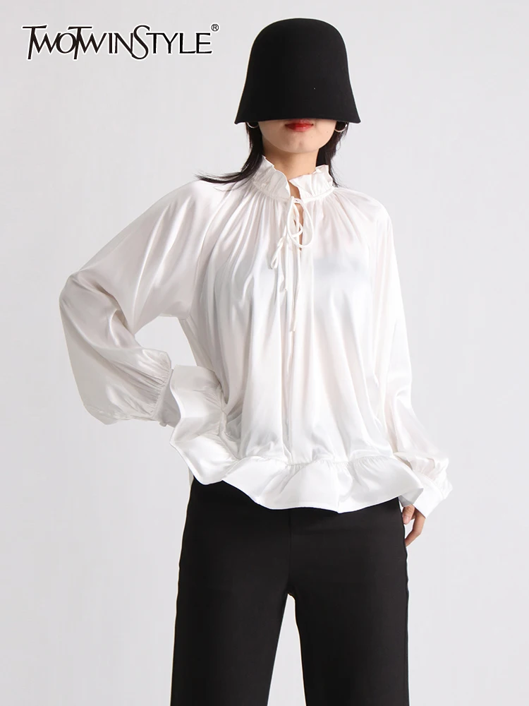 

TWOTWINSTYLE Folds Shirts For Women Round Neck Long Sleeve Ruffles Summer Loose Blouse Female Fashion Style Clothing 2023 New