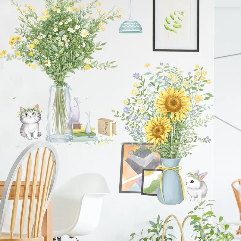 

Green Plants Sunflowers Kittens Rabbits Wall Stickers Living Bedroom Porch Background Decoration Self-adhesive And Removable