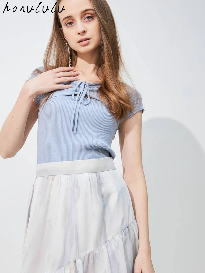 

2022 summer new Japanese style solid color front and back short-sleeved knitted sweater women