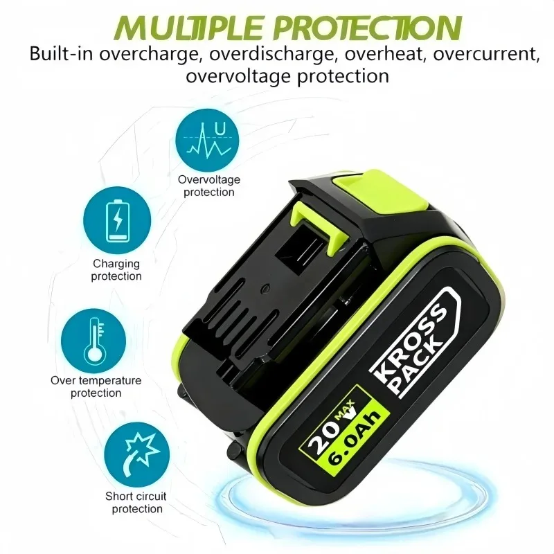 Фото Аккумулятор 20V MAX 5Pin KROSS PACK 8.0Ач для электроинструментов WORX 20V Green WU Series, литий-ионный, перезаряжаемый №5