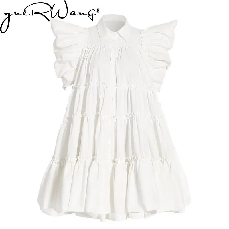 

YUERWANG Women Dress Vintage Single Breasted Puff Sleeve Oversized Swing Loose Leisure Pleated Short Shirt Dress 2022 Spring New