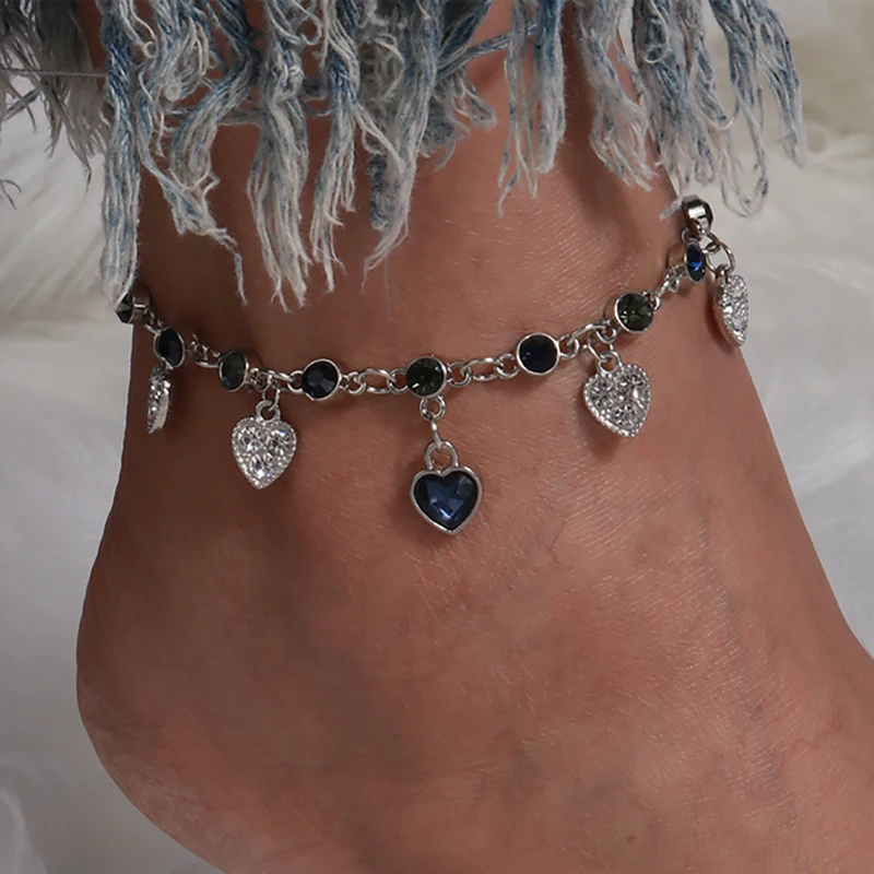 

Vintage Fashion Heart Pendant Crystal Anklet For Women Link Chin Bohemian Silver Color Shoe Boot Chain Bracelet Foot Jewelry