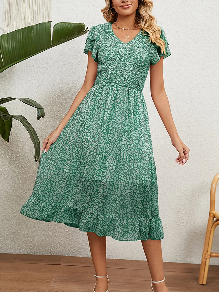 

Vintage Print Boho Dress Women V Neck Chiffon Dress Female Butterfly Sleeve Casual Long Summer Dress Ladies Beach Sundress