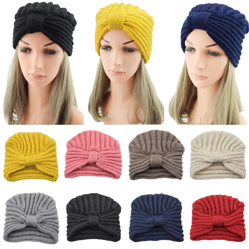 

2022 Autumn Winter Warm Knitting Turban Cap Solid Center Cross Women Hair Scarfs Pullover Hat Woolen Hat Knitted Baotou Cap